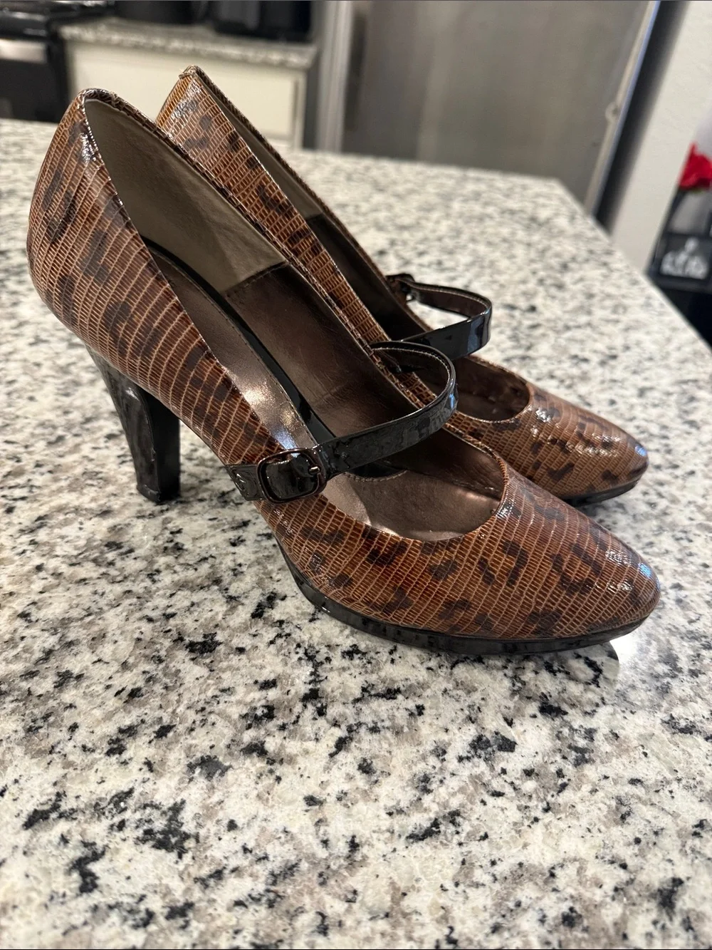 Sofft Brown Leopard Pattern Mary Jane Heels with Black Patent Strap